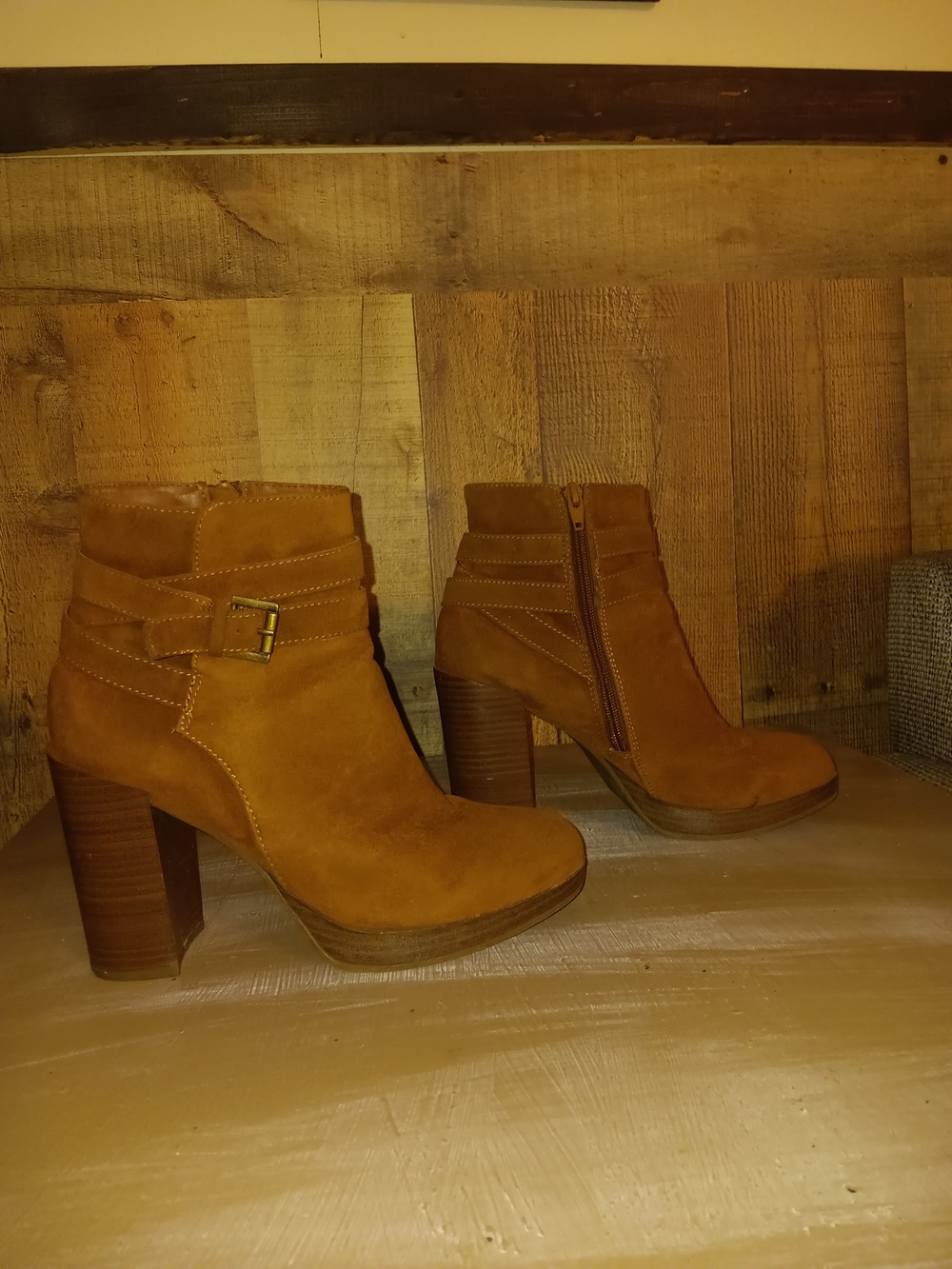 a new day Tan Suede Stacked Heel Ankle Boots with Buckle Strap
